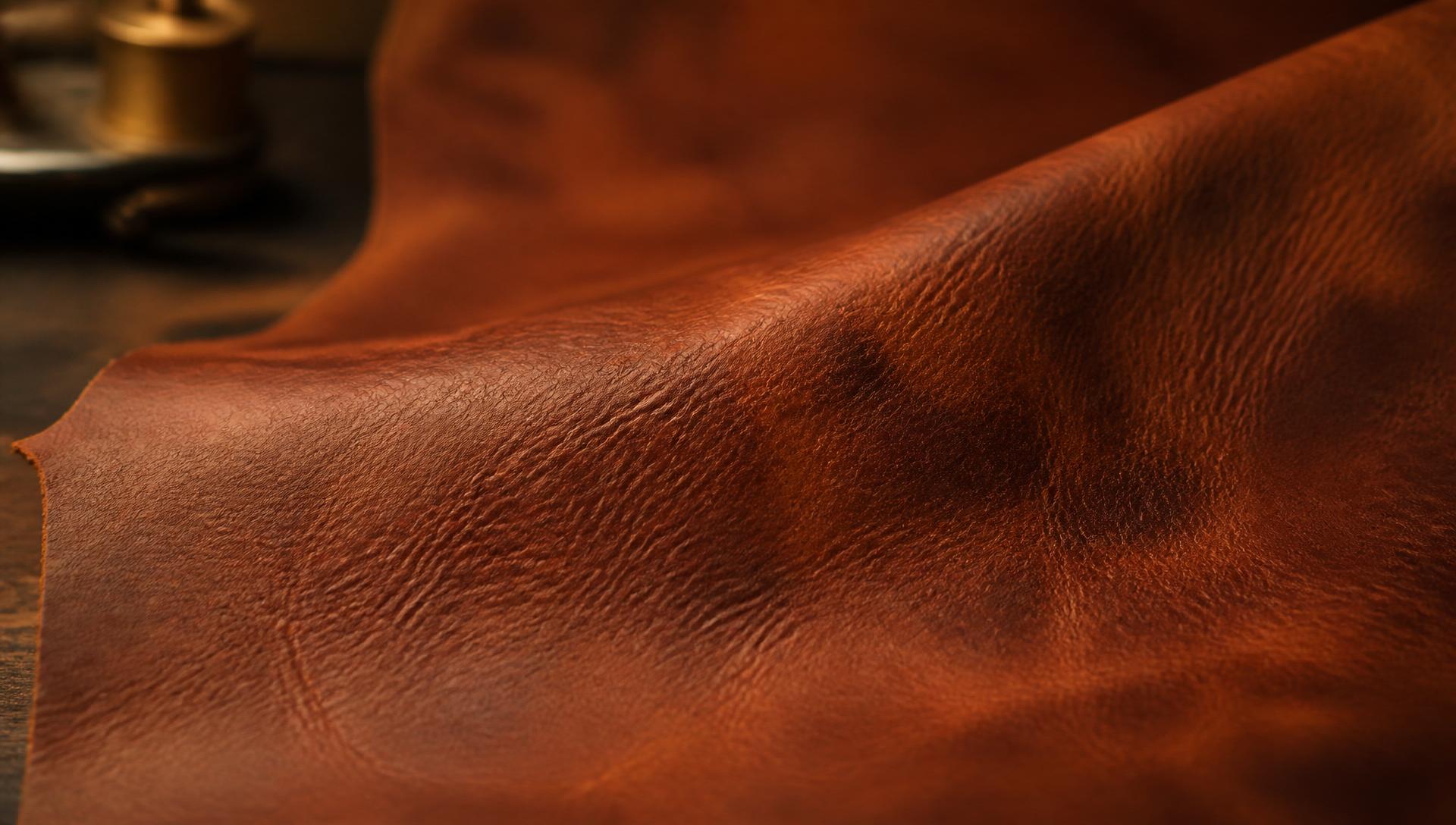 Close-up of rich full-grain leather in warm sienna tones